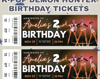 Invitación de cumpleaños de cazadores de demonios K-pop, Huntrix Golden, pase de entrada, etiqueta de agradecimiento, plantilla editable de Canva, paquete digital imprimible