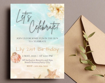 Plantilla editable de invitación de cumpleaños en la playa/Fiesta en el océano (descarga digital)