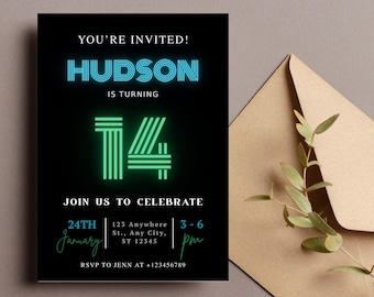 Neon Light Brick Wall Boy Birthday Invitation,  Instant Download Editable Canva Template,Teenager Boy Birthday Invites