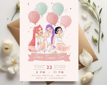 Invitación de cumpleaños de Cazador de Demonios K-Pop, Zara cumple dos años, invitación para su segundo cumpleaños, plantilla editable para cumpleaños infantil