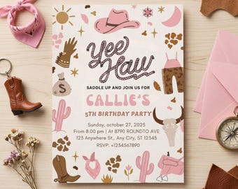 Pink Cowgirl Birthday Invitation Editable, Yee Haw Rodeo Party Invite 5th Birthday, Western Cowgirl Any Age Template, Instant Download