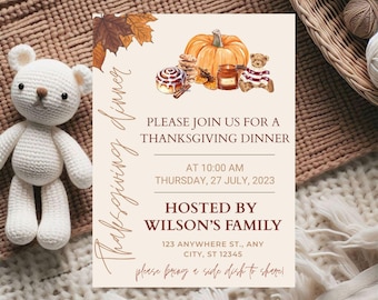 Invitación imprimible para el Día de Acción de Gracias / Plantilla para cena de otoño / Invitación editable en Canva