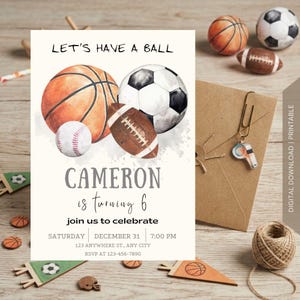 Può includere: Un biglietto d'invito per compleanno con illustrazioni ad acquerello di un pallone da basket, calcio, baseball e football americano. Il testo recita: LET'S HAVE A BALL, CAMERON is turning 6, join us to celebrate, SATURDAY, DECEMBER 31, 7:00 PM, 123 ANYWHERE ST., ANY CITY, RSVP AT 123-456-7890.