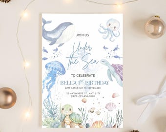 Oneder the Sea Birthday Invitation Printable, Under the Sea Editable Template, 1st Birthday Invite, Ocean Animals Girls Under the Sea Invite