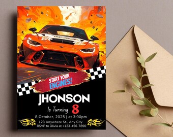 Invitación de cumpleaños de carreras: Plantilla editable de Canva (Descarga digital 5x7" + Versión móvil)