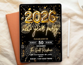 Invitación para fiesta de Año Nuevo 2026 / Elegante invitación en negro y dorado / Volante de fiesta editable e imprimible