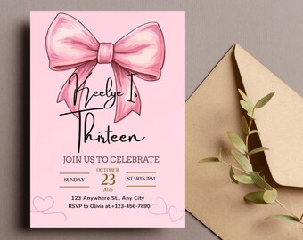 Invitación de cumpleaños con lazo rosa, invitación para adolescentes, invitación para niña de 13 años, descarga digital, plantilla de Canva