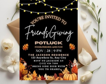 Plantilla de invitación para la cena de Acción de Gracias con amigos / Invitación para fiesta de otoño con comida compartida / Invitación imprimible para cena de Acción de Gracias con amigos / Invitación en Canva para reunión de otoño