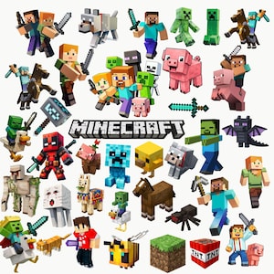 May include: A collection of Minecraft character stickers featuring Steve, Alex, various mobs like creepers, zombies, pigs, horses, and a bee, along with the Minecraft logo, a sword, a pickaxe, and a TNT block, all displayed on a plain white background.