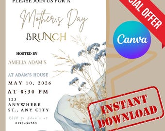 Plantilla editable de invitación para brunch del Día de la Madre, invitación floral minimalista, plantilla de Canva, invitación imprimible para brunch de mamá, tarjeta elegante