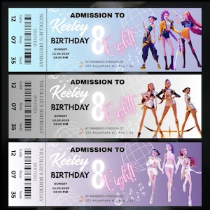 May include: Three event tickets with a blue and purple theme. Each ticket reads "Admission to Keeley Birthday" with the date and time. The tickets feature illustrations of stylized female figures.