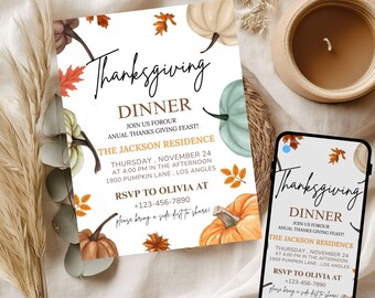 Invitación para la cena de Acción de Gracias / Plantilla editable / Fiesta de la cosecha de otoño / Invitación rústica de calabaza / Descarga de invitación de Canva