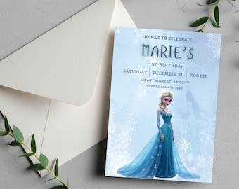 Invitación de cumpleaños editable de Frozen: Fiesta de Elsa y Anna (Descarga digital, plantilla Canva de 5 x 7 pulgadas)
