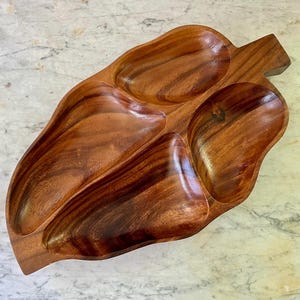 Vintage 1960s Monkeypod Wood Tray: Carved Leaf Serving Dish