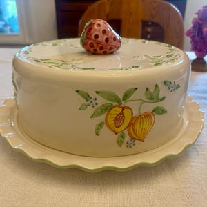 Vintage Hand-Painted Ceramic Cake Plate Taker | Strawberry Handle | Portugal &quot;Marketplace&quot;