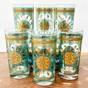 Set of 6 GEORGES Briard 22K Gold Atomic Sunburst Highball Glasses, Mid Century Medallion Whiskey Collins Glasses, MCM Bar Cart