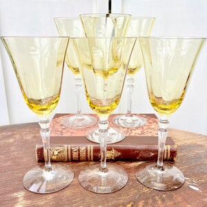 6 FOSTORIA topaas-wijnglazen, set vintage elegant glaswerk, art deco, uniek bargerei