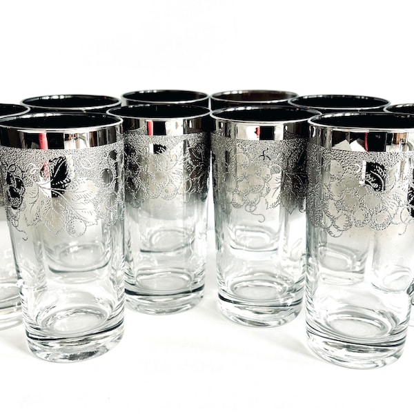 MCM Silver OMBRE Embossed Cocktail Glassware, 6 Vitreon Queen's Lusterware Highball Glasses, Vintage Barware
