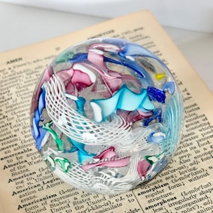 Murano Ribbon Glass Paperweight, Mid Century Latticino Venetian Art Glass, Home Decor
