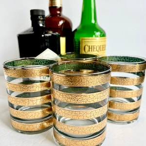 4 Culver LTD Regiment Gold Double Old Fashioned Glasses, Mid Century Gold & Green 13oz. Unique Barware, MCM Bar Cart