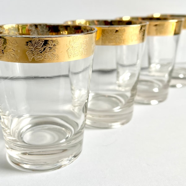 Set of 4 GOLD Rim 14 oz. Cocktail Glasses, MCM Double Old Fashion Barware, Vintage Bar Cart