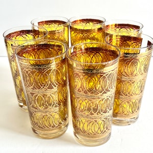 7 Georges BRIARD Cocktail Glasses, Mid Century Mod Gold Circle Highball Set, Bar Cart