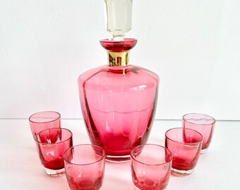 Cranberry ART Glass Decanter Set, Art Deco 8 pc. Liqueur Set, Unique Barware, Art Objects