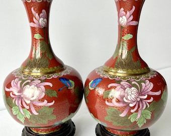 Vintage PAIR Cloisonne' Champleve' Chrysanthemum Vase, Collectable 20th Century Decor