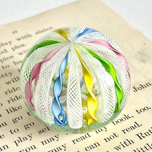 Vintage MURANO Ribbon Glass Paperweight, Mid Century Latticino Venetian Art Glass, Home Decor