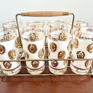Halverwege de eeuw COCKTAIL-caddyset, Gold Crown longdrinkglazen en caddyset, barwagen, uniek bargerei