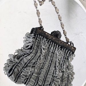 Art NOUVEAU Shimmer Beaded Tier Handbag, Antique Ornate Frame Peacock Filigree Clasp Purse, Early 20th Century Hand Beaded Evening Bag