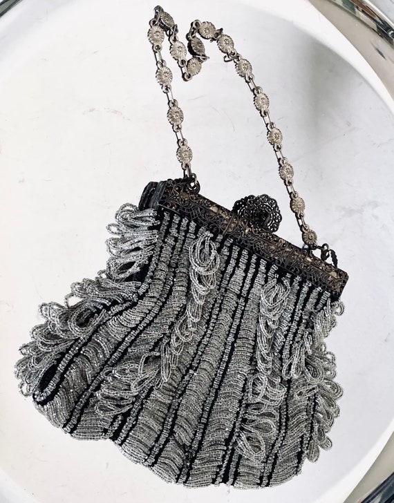 Art NOUVEAU Shimmer Beaded Tier Handbag, Antique … - image 1