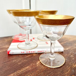 4 TIFFIN Franciscan Martini Coupes, Optic Panel Gold Rambler Rose Champagne Cocktail Glasses, Bar Cart, Weddings