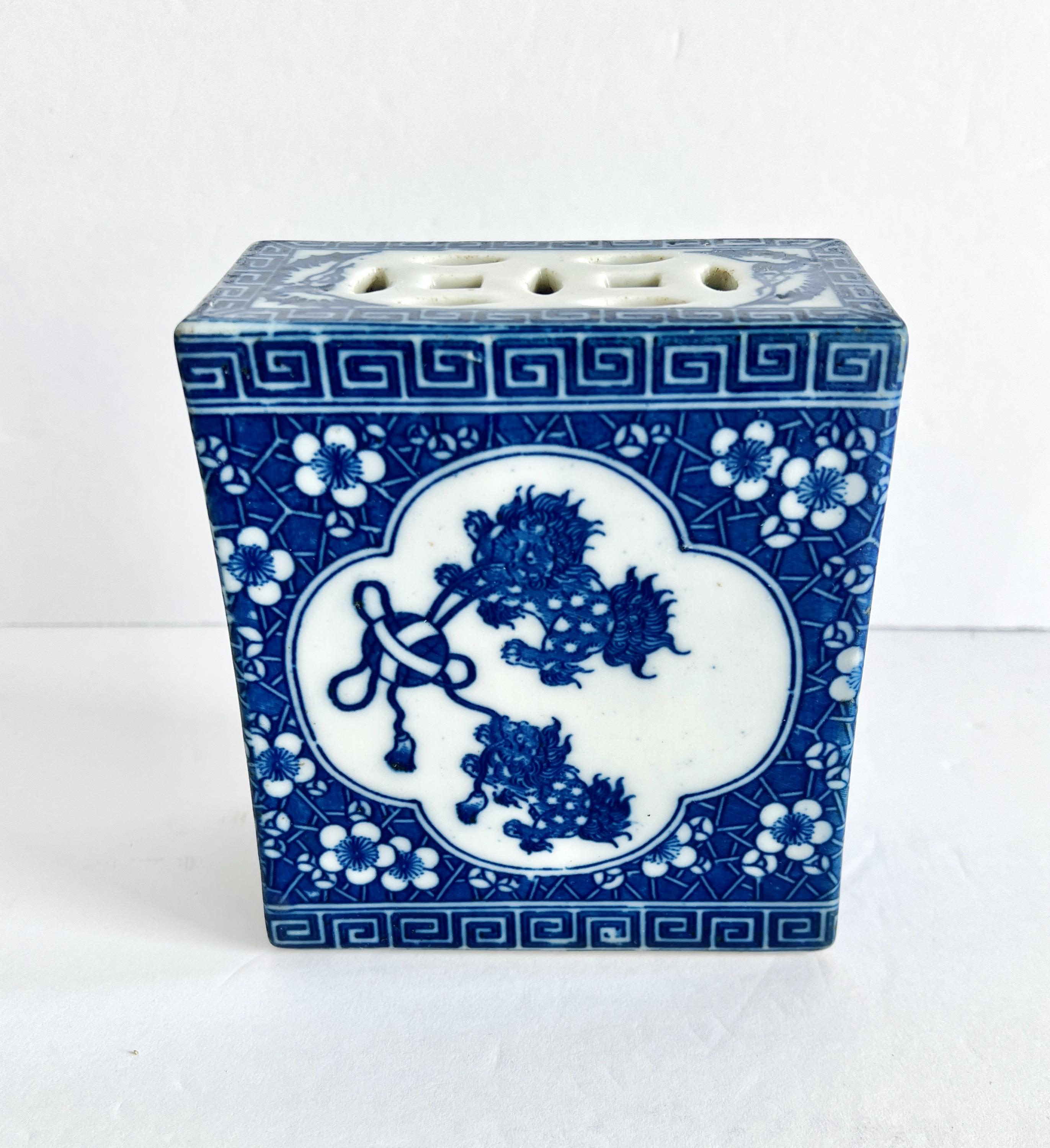 Antique Asian Vase Opium Pillow, Blue & White Chinoiserie Square Decorative Vase, Tablescapes