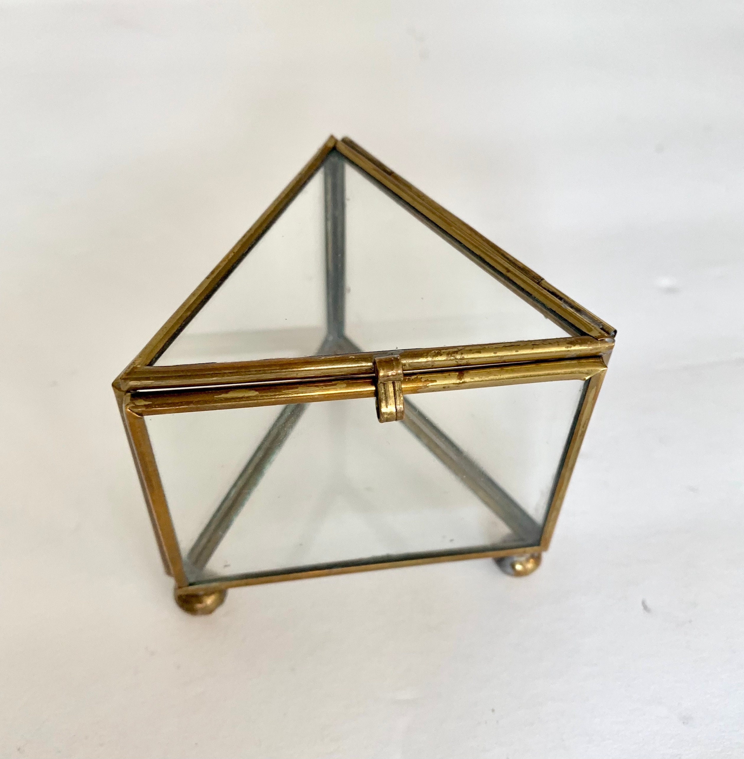 Vintage BRASS Trinket Box Triangle Glass & Metal Hinged Box Etsy