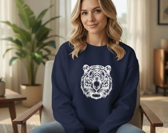 Tiger Face Sweatshirt | Unisex Crewneck Pullover | Fierce Tiger Head Graphic | Animal Lover Gift | Nature & Wildlife Inspired Apparel
