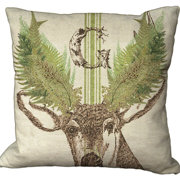 Rustic Green Grainsack Stripe Deer Fern Antler Wreath Monogram Choice of 14x14 16x16 18x18 20x20 22x22 24x24 26x26 inch Pillow Cover