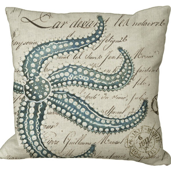 Blue Starfish on French Document  in Choice of 14x14 16x16 18x18 20x20 22x22 24x24 26x26 inch Pillow Cover