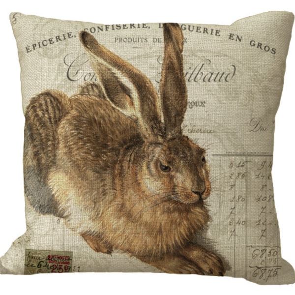Rabbit on French Invoice Pillow Cover in Choice of 14x14 16x16 18x18 20x20 22x22 24x24 26x26 inch