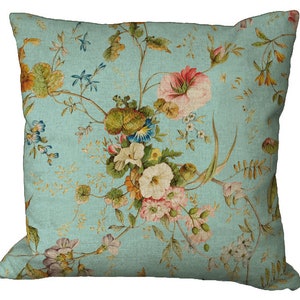 Historical "Chintz" Design Floral on Aqua Choice of 14x14 16x16 18x18 20x20 22x22 24x24 26x26 inch Pillow Cover