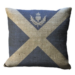 Scottish St Andrew's Cross Saltire Thistle Flag Burlap Square in Choice of 14x14 16x16 18x18 20x20 22x22 24x24 26x26 inch Pillow Cover