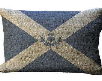 Scottish St Andrew's Cross Saltire CenterThistle Flag Burlap Lumbar Oblong Choice of 16x12 18x12 20x12 20x13 22x15 24x16 Inch Pillow Cover