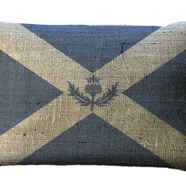 Scottish St Andrew's Cross Saltire CenterThistle Flag Burlap Lumbar Oblong Choice of 16x12 18x12 20x12 20x13 22x15 24x16 Inch Pillow Cover