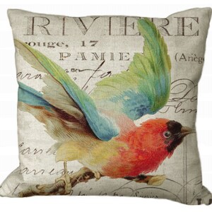 Pretty Bird on French Invoice in Choice of 14x14 16x16 18x18 20x20 22x22 24x24 26x26 inch Pillow Cover