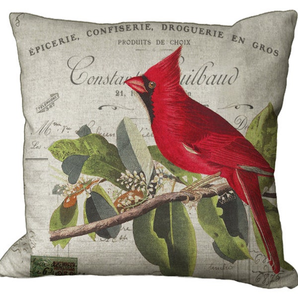 Red Cardinal on French Invoice in Choice of 12x12 14x14 16x16 18x18 20x20 22x22 24x24 26x26 18x12 20x13 24x16 inch Pillow Cover