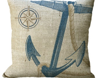 Burlap Blue Nautical Anchor & Compass in choice of 14x14 16x16 18x18 20x20 22x22 24x24 26x26 inch Pillow Cover