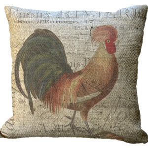 Burlap Rooster on French Invoice in Choice of 14x14 16x16 18x18 20x20 22x22 24x24 26x26 inch Pillow Cover