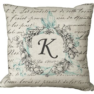 Monogram Wreath with Aqua Ribbon Custom in Choice of 14x14 16x16 18x18 20x20 22x22 24x24 26x26 inch Pillow Cover