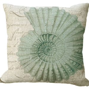 Burlap Seashell in Natural or Sea Green or Aqua or Blue Seashell Choice of 14x14 16x16 18x18 20x20 22x22 24x24 26x26 inch Pillow Cover