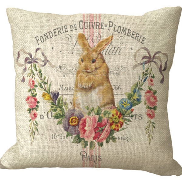 Colored Sweet French Rabbit & Floral Garland Grain Sack Pillow Cover on Burlap14x14 16x16 18x18 20x20 22x22 24x24 26x26 inch Pillow Cover